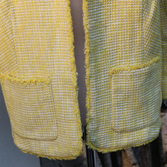 Talbots Plus Size Wide Petite Yellow White Boucle w Fringe Open Jacket Sz 16WP - Picture 2 of 9